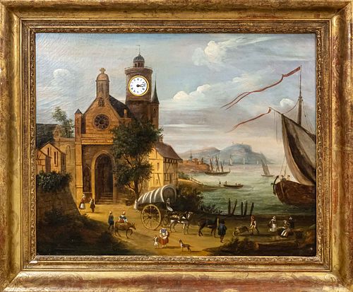 Picture clock around 1870. anonymous landscape painter of the 19th century coastal town with