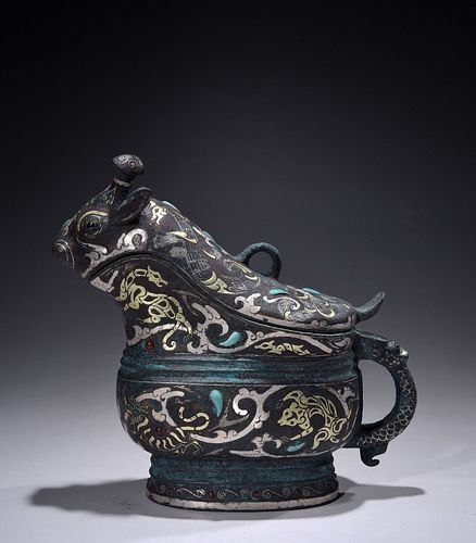 Chinese Bronze Vessel w Gold&Silver Inlaid