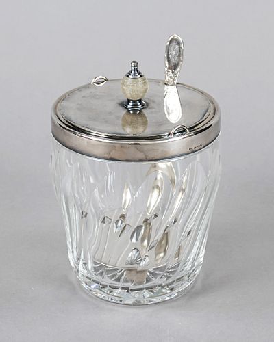 Ice container with silver rim mounting, German, 20th c., maker's mark Wilhelm Binder, Schwäbisch Gmünd, silver 835/000, body clear glass, lid plated, 