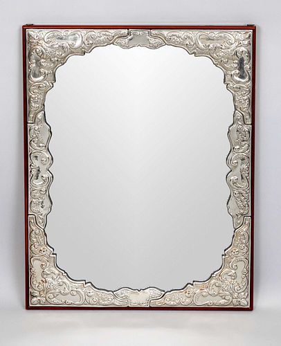 Rectangular wall mirror, Italy, 20th c., plated, matching curved applications with relief decoration, on rectangular wooden plate, 60 x 44,5 cm