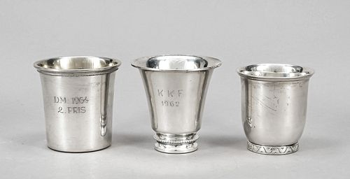 Three cups, Sweden/Denmark, 20th century, different makers, silver 830/000, 1x with gilding inside, different shapes and sizes, mostly with dedication