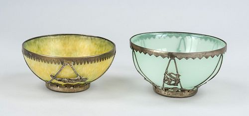2 bowls, China, 20th/21st century, thick glass bowls blue/green with white metal mounting, each D 11cm