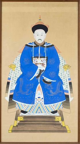 Portrait of a civil official, China, probably Republic-Peridoe(1912-1949), ink and colors on paper, portrait of a throne man with Manchu cap, silver p