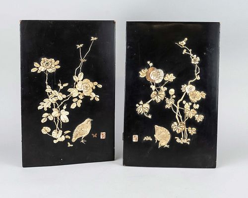 Pair of ornamental plaques, Japan, 1st half of 20th c., wood overlaid with black lacquer and mother-of-pearl and bone inlays depicting quails in the g