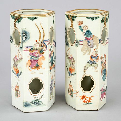 2 hat stands, China, Qing dynasty(1644-1911), 19th c., hexagonal porcelain body with openings and polychrome figural glaze decoration, gold highlights