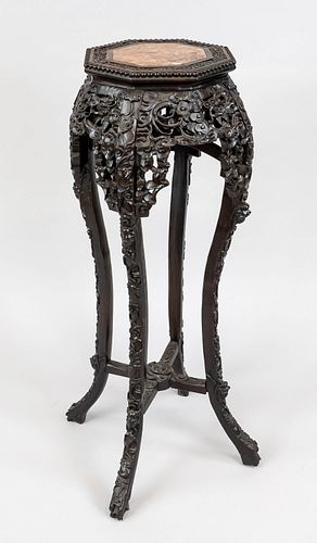 Flower stool, China, 20th c., decorative hardwood high stool with mineral plate, 8-cornered, h 92cm