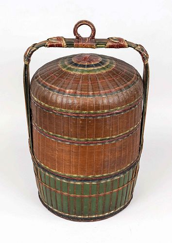 China wicker basket, China or Vietnam, 20th c., woven stacking basket with hanging, according to inscription for liquor, h 70cm