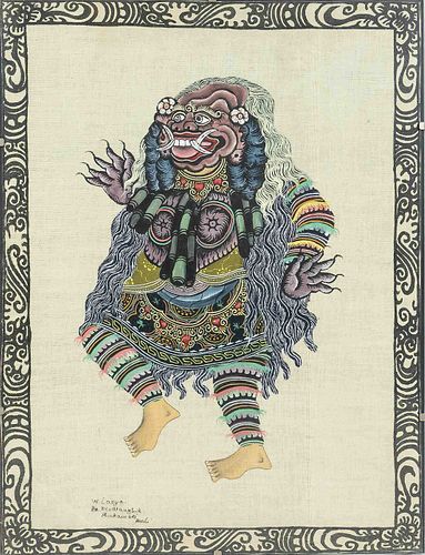 W. Lasya: ''The demonic witch Rangda'', Indonesia, Bali, probably 1980s, gouache on silk, the evil sorceress of Southeast Asian mythology dancing with