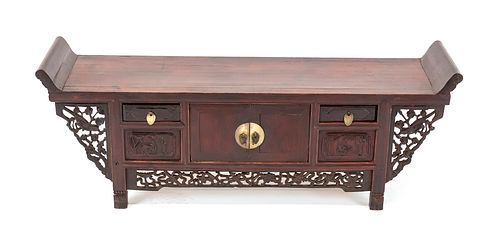 Chinese ornamental chest of drawers, China, 20th century, wooden chest of drawers in rosewood look with several drawers and openwork of birds and flow