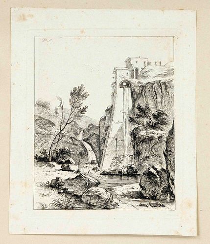 Mixed lot of 4 old prints: Jean-Jacques de Boissieu (1736-1810), Landscape with artificial waterfall, etching, monogrammed in the plate, Christian Die