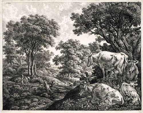 Carl Wilhelm Kolbe (1757-1835), so-called oak Kolbe, two etchings: Landscape with group of four cows at the right margin, as well as Breiter Weg mit B