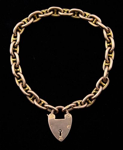 Victorian  oval chain link bracelet with heart clasp, 18 ct gold, stamped on bracelet and clasp