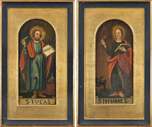 Anonymous sacral painter of the 18th century, the evangelists Luke and John with book, pen and attribute, oil on wood, inscribed on the lower margin, 