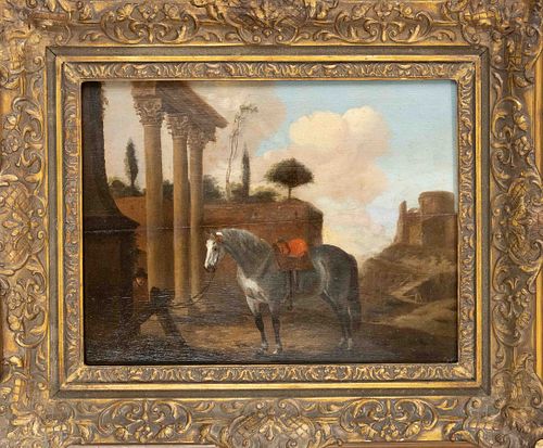 Ital. painter of the 18th c., ''The horse thief'', Ital. Landscape with ancient ruins and tethered white horse with red saddle, which is ambushed by a