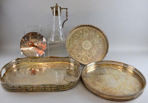 Quantity of silver plated items to include - cut glass claret jug, three galleried trays, presentation dish