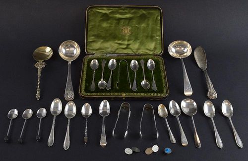 George III silver Old English pattern sauce ladle, marks rubbed, and various flatware, various dates and marks, 17oz, 528g,