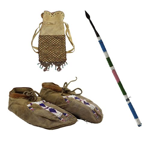 NO RESERVE - Group of 3 - 1890-1900 Northern Plains Beaded Leather Moccasins,  Beaded Leather Bag and  Beaded Spear with hand forged metal tip.(DW1344