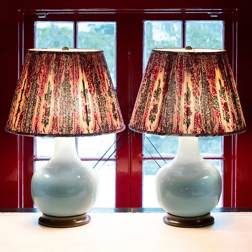 Pair of Pale Blue Glazed Porcelain and Mahogany Lamps with Shades