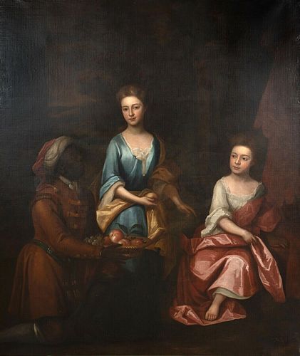 PORTRAIT OF TWO GIRLS & A SERVANT OIL PAINTING