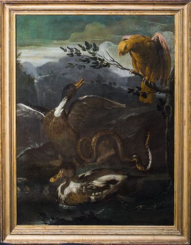 PARROT, SNAKE, LIZARD AND DUCKS OIL PAINTING