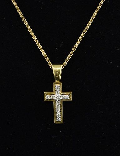 Diamond set cross pendant, in 18 ct, on 9 ct chain, pendant size 2.9 cm