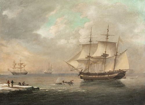  SCENE OF SHIPS WHALING IN IN THE ARCTIC OIL PAINTING