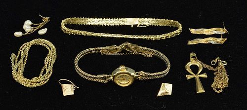 Gold chevron link bracelet, 14 ct, Egyptian gold pendant, stamped marks, 9 ct gold watch and other items