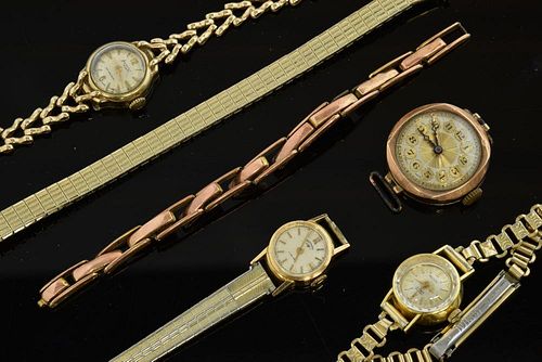 Four lady's watches, accurist 9ct gold bracelet watch, rotary 18ct watch with a plated bracelets and two other gold watches.