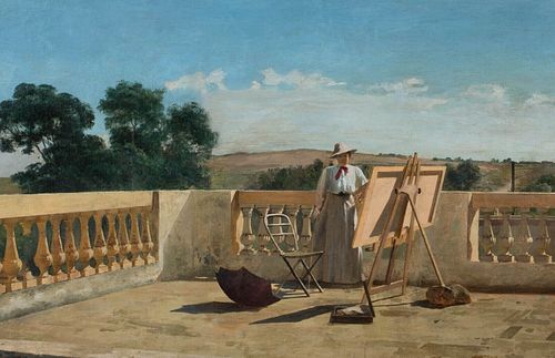 VIEW OF A LADY PAINTING ON A TERRACE OIL PAINTING