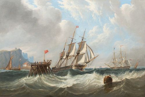  SHIP IN A SWELL OFF THE PIER OIL PAINTING