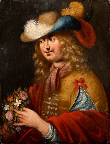 PORTRAIT OF A MAN HOLDING FLOWERS OIL PAINTING