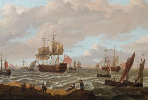  FISHING BOATS AND NAVAL SHIPS OFFSHORE OIL PAINTING
