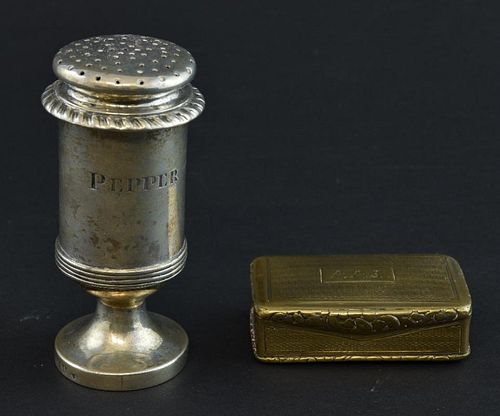 19th century silver pepperette, marks rubbed, 2.7oz, 86g, and a snuff box with rubbed marks,