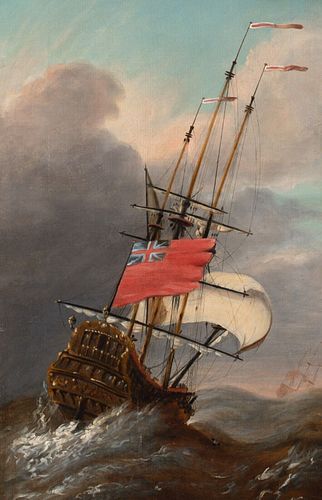 MAN-O-WAR SHIP SAILING IN A STORM OIL PAINTING