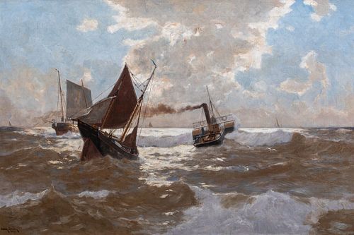 BUSY SHIPPING OFF DUSSELDORF OIL PAINTING