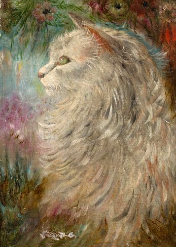  PORTRAIT OF A WHITE BRITISH LONGHAIR CAT OIL PAINTING