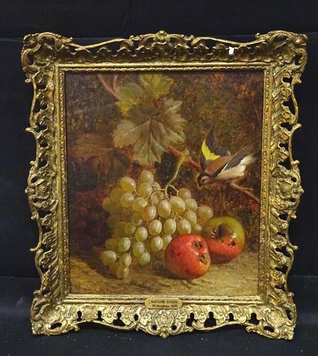  STILL LIFE OF GRAPES, APPLES AND A BULLFINCH OIL PAINTING