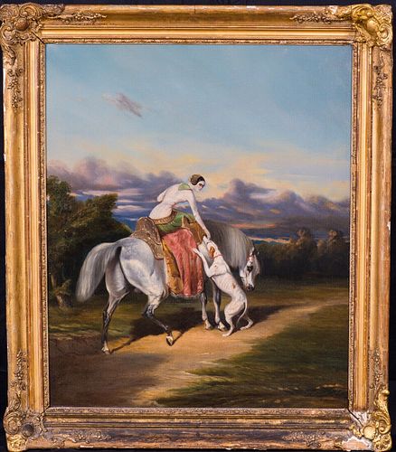 LADY PORTRAIT RIDING HER HORSE & GREYHOUND OIL PAINTING