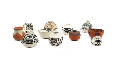 NO RESERVE - Group of 11 Miniatures, Acoma and Mimbres Pots with Hohokam and Prehistoric Designs c. 1980-90s (P3681)