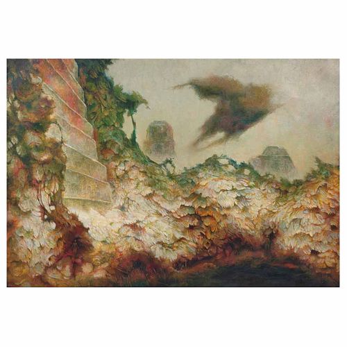 GUILLERMO MEZA, Selva petrificada, Firmado, con monograma y fechado 80 frente y reverso, Óleo/tela, 100 x 145.5 cm, Con constancia