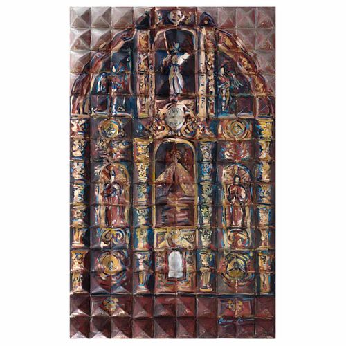 CARMEN PARRA, Altar a la virgen del Rosario en Tlalpan, Firmado, Acrílico y hoja de oro sobre madera, 120 x 74.5 x 6 cm, Constancia