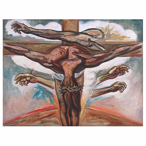 RAÚL ANGUIANO, Crucifixión, Firmado y fechado 1963 al frente y en bastidor, Óleo sobre tela, 116 x 152 cm