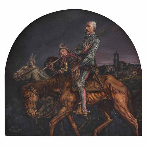 JESÚS HELGUERA, Quijote, Firmado, Óleo sobre tela sobre madera, 48 x 52 cm