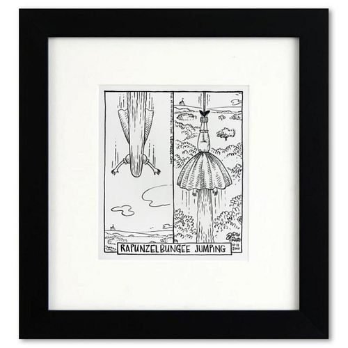 Bizarro, "Rapunzel Bungee Jumping" is a Framed Original Pen & Ink Drawing by Dan Piraro, Hand Signed with Letter of Authenticity.