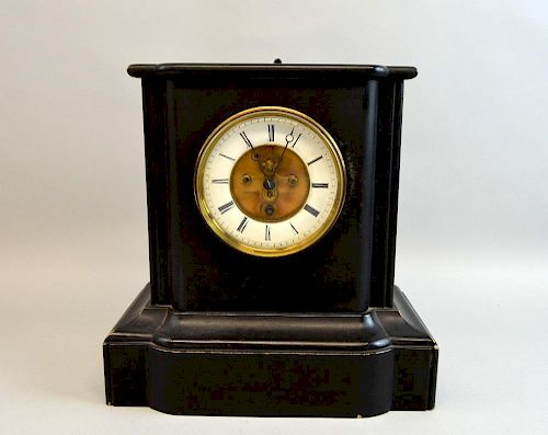19th century black slate mantel clock with visible anchor escapement 28cm