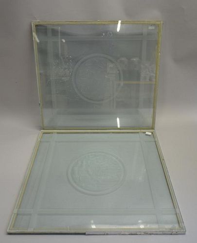 Pair of acid etched glass panels. 53 x 57cm
