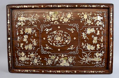 19th century Chinese  rosewood and mother of pearl inlaid tray 62cm x 40cm