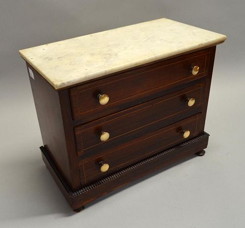 19th century French mahogany miniature chest of three drawers  with marble top 26cm x 33cm x 16cm