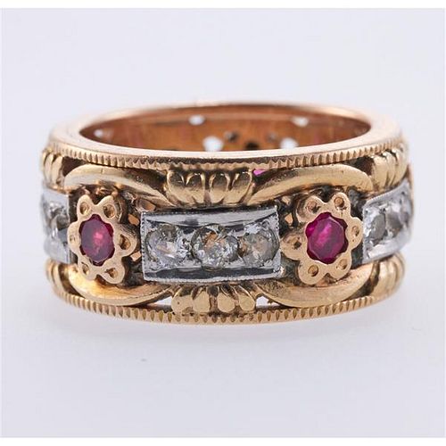 Midcentury Retro 14k Gold Diamond Ruby Band Ring