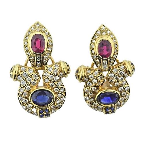 1980s 18k Gold Diamond Sapphire Ruby Earrings